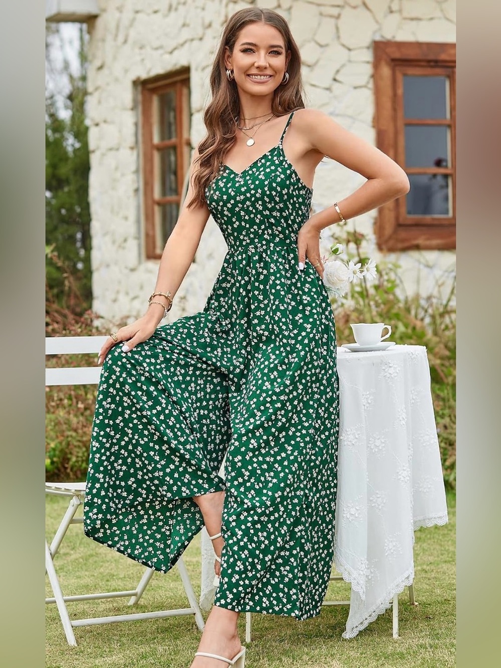 Emerald Floral Spaghetti-Strap Wide-Leg Jumpsuit
